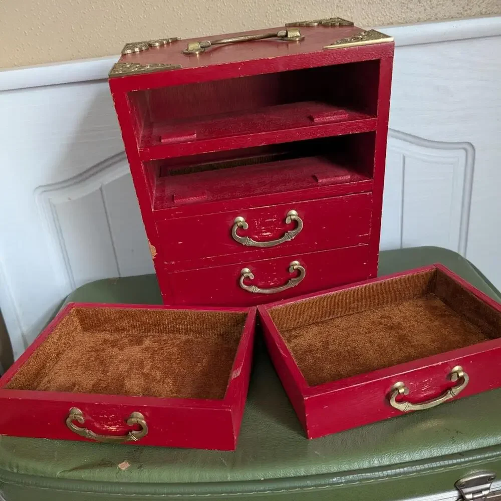 Vintage Japanese Tansu Jewelry Chest Box 4 Lined Drawers Antique Brass Hardware